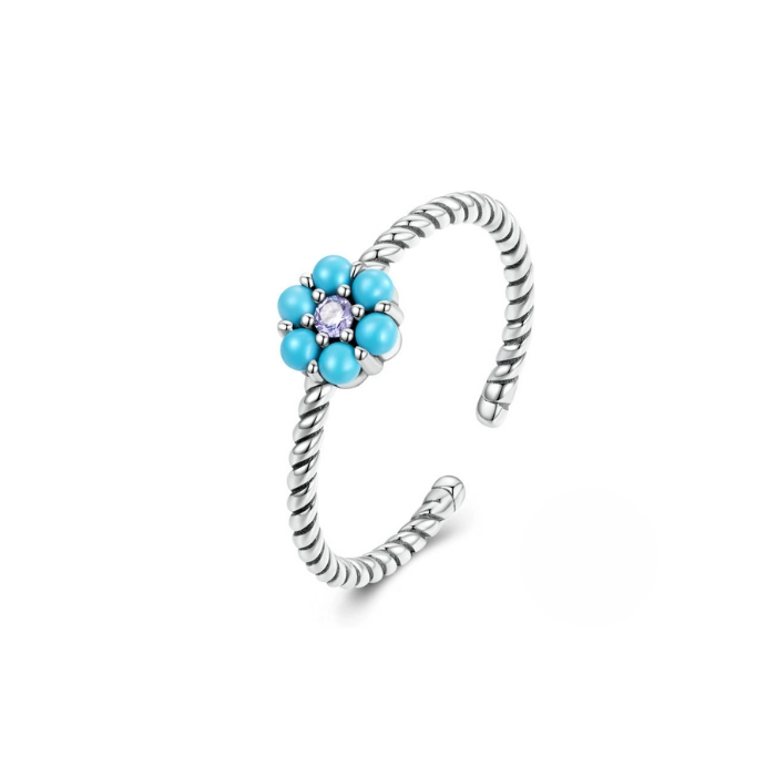 Delicate flower silver ring with turquoise birthstone 1