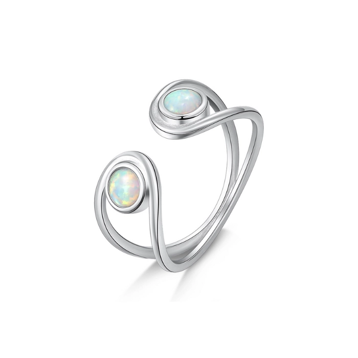 Round adjustable ring in silver with opal birthstone 1