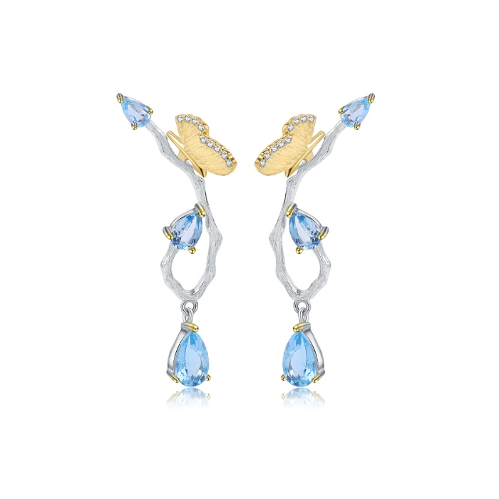 Sophisticated silver earrings gold plated with blue topaz birthstone 1